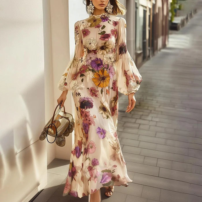 Women's Ruffled Waist Trimming Printing Dress Temperament Dresses