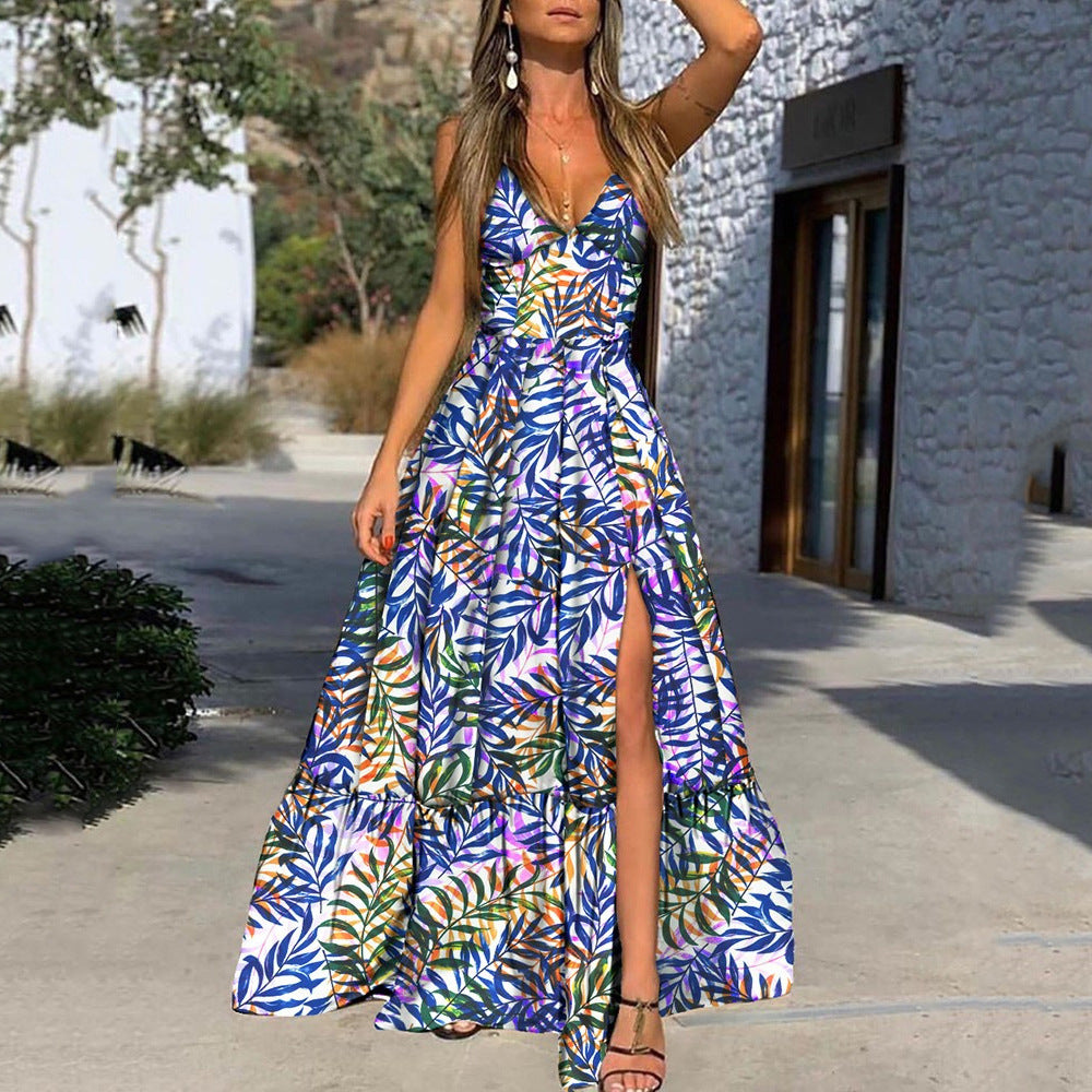 Women's Summer Collar Floral Print Leaves Beach Dress