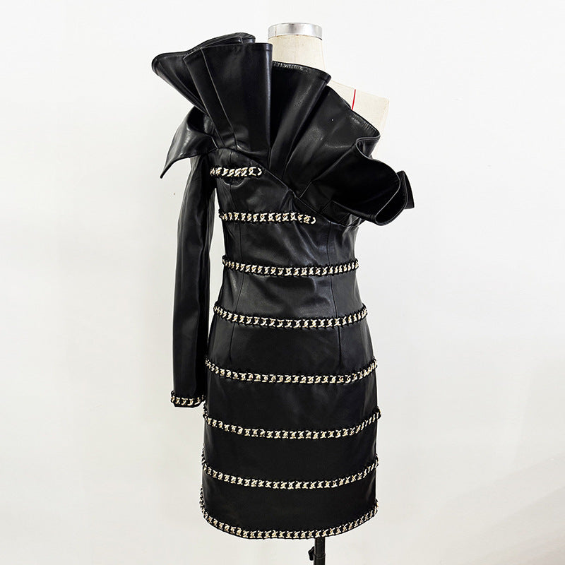 Fashion Chain Three-dimensional Lotus Leaf Single Sleeve Leather Dress