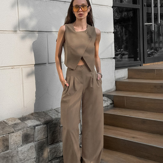 Women's Casual Khaki Fashion Elegant Sleeveless Trousers Suits