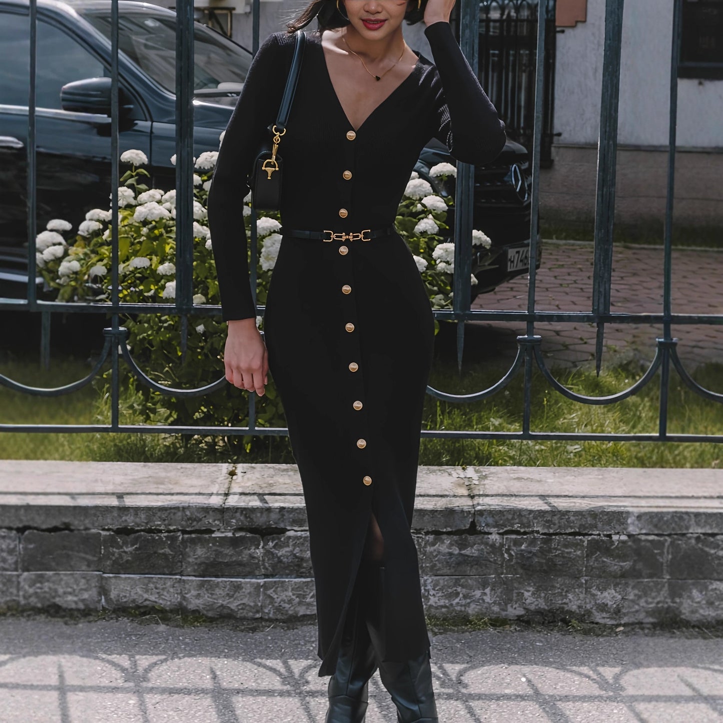 Women's Premium Front Row Buttons With Belt Dress