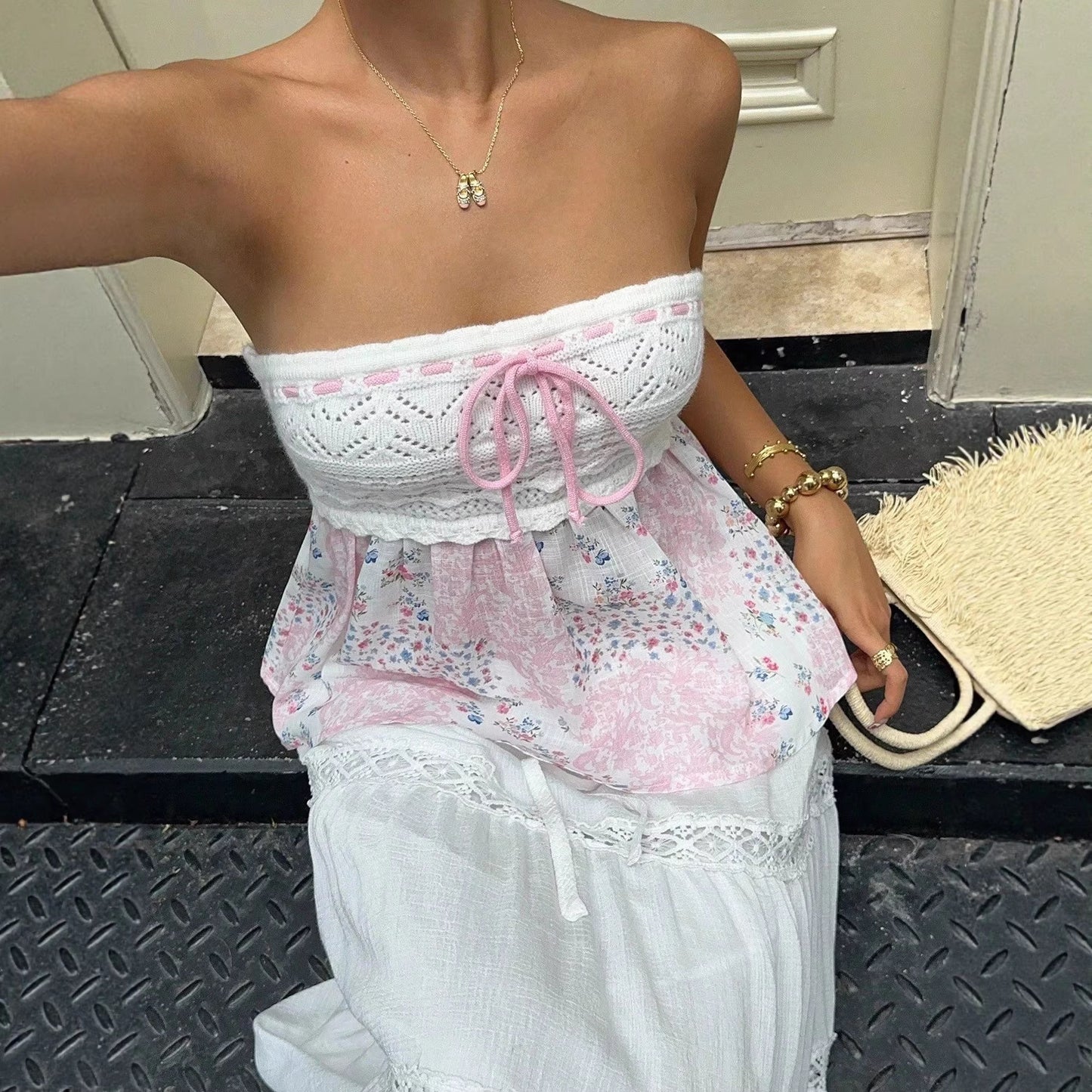Women's Pink Knitted Tube Summer French Sweet Elegance Dress