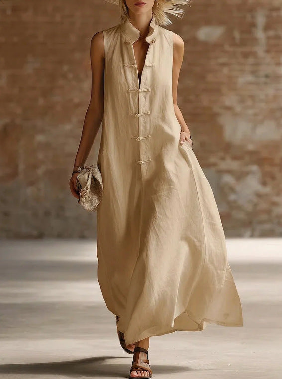 Women's Fashion Stand Collar Frog Buckle Loose Linen Cotton Dress