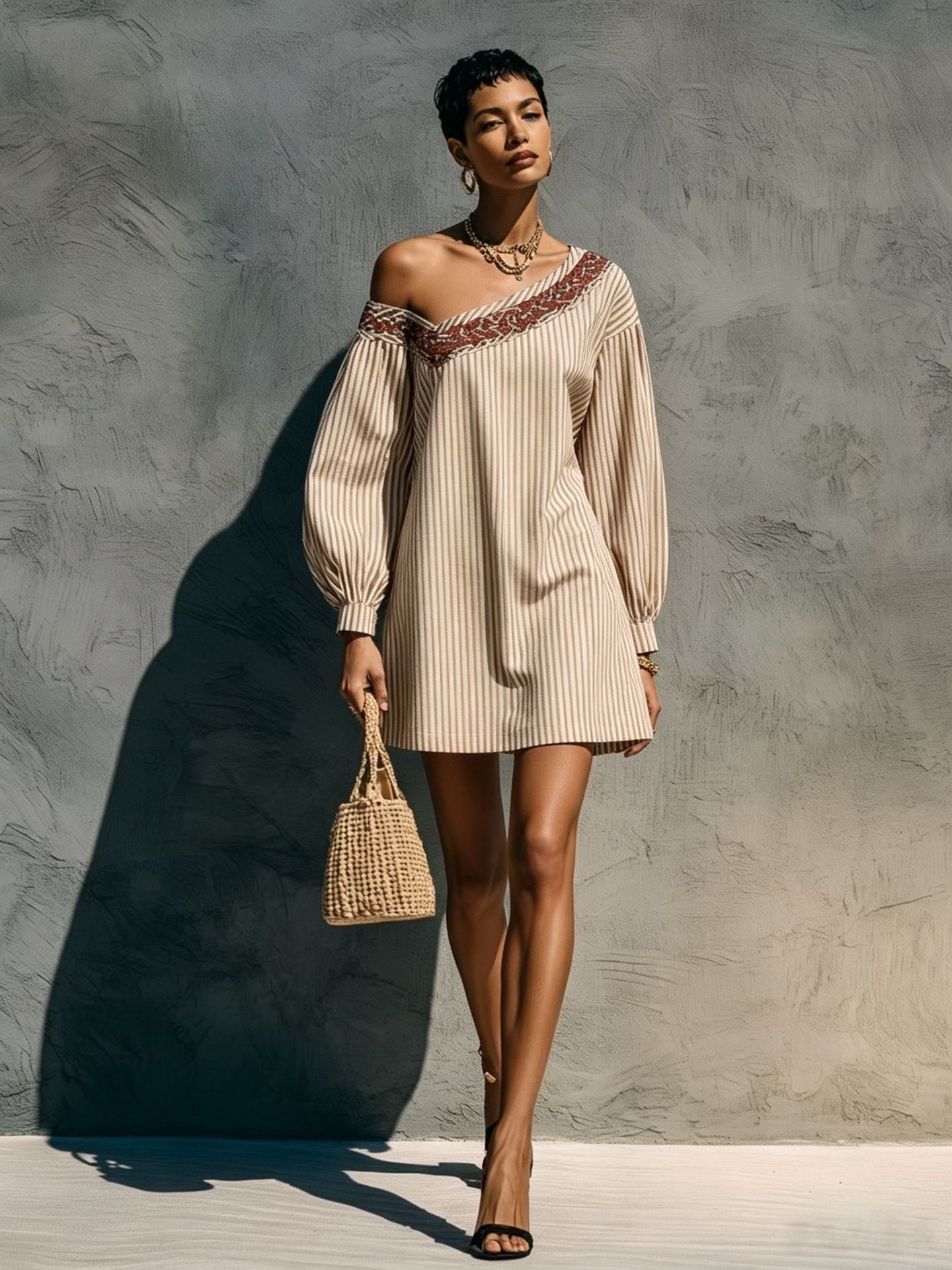 Women's Striped Long Sleeve Embroidered Minimalist Mini Dress