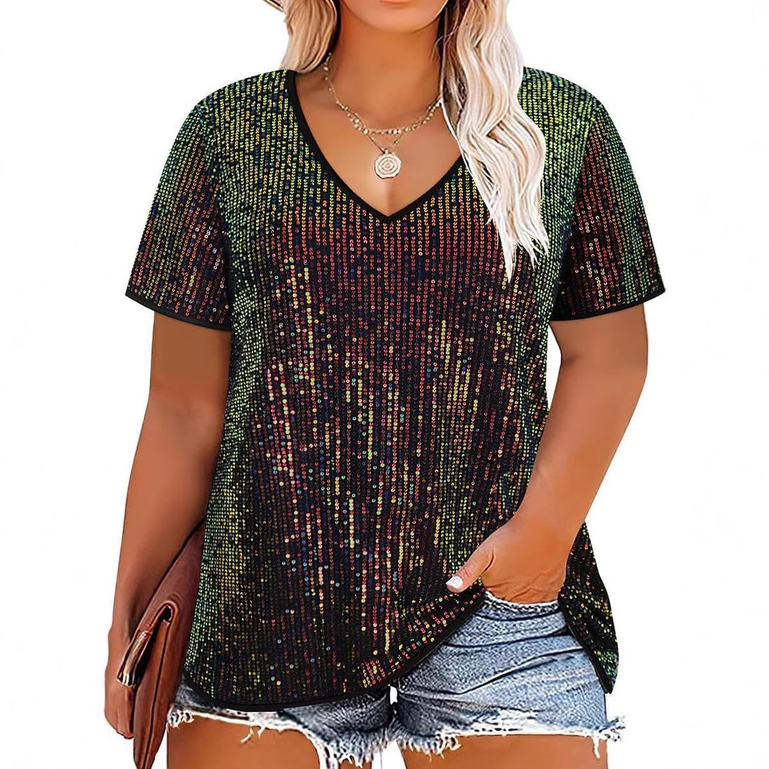 Women's Cross Summer Sexy Sequined Sleeve Loose-fitting Blouses