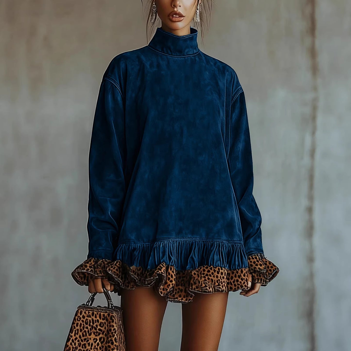 Women's Fashion Casual Turtleneck Long Sleeve Leopard Dress