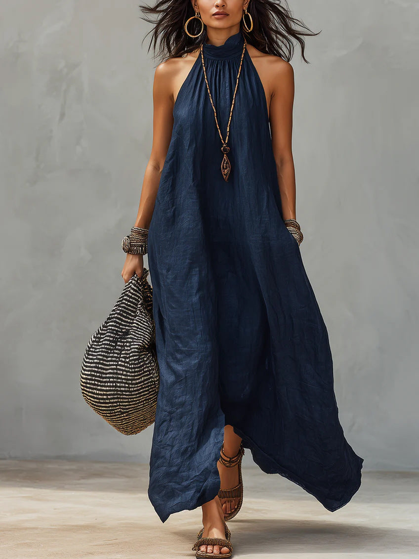 Women's Style Halter Long Backless Wrinkle Loose Dress
