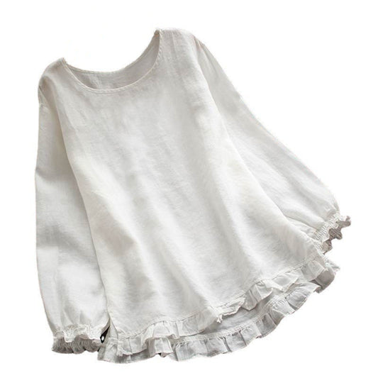 Women's Solid Color Loose Lotus Leaf Bottom Cuff Round Neck Blouses
