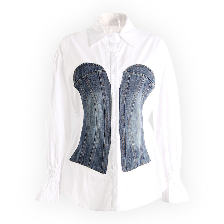 Women's Color Contrast Patchwork Denim Fake Waist Blouses