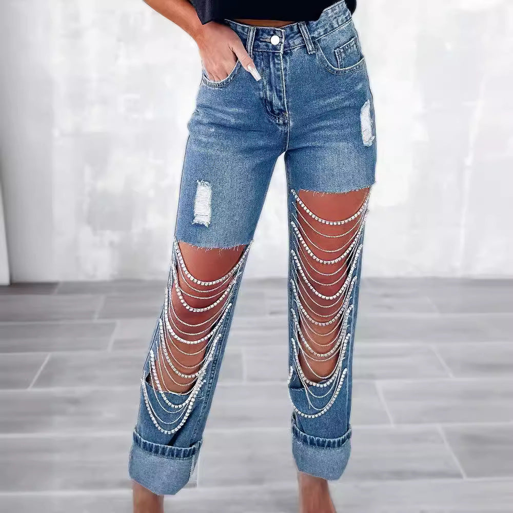 Women's Early Spring Style Big Ripped Chain Jeans