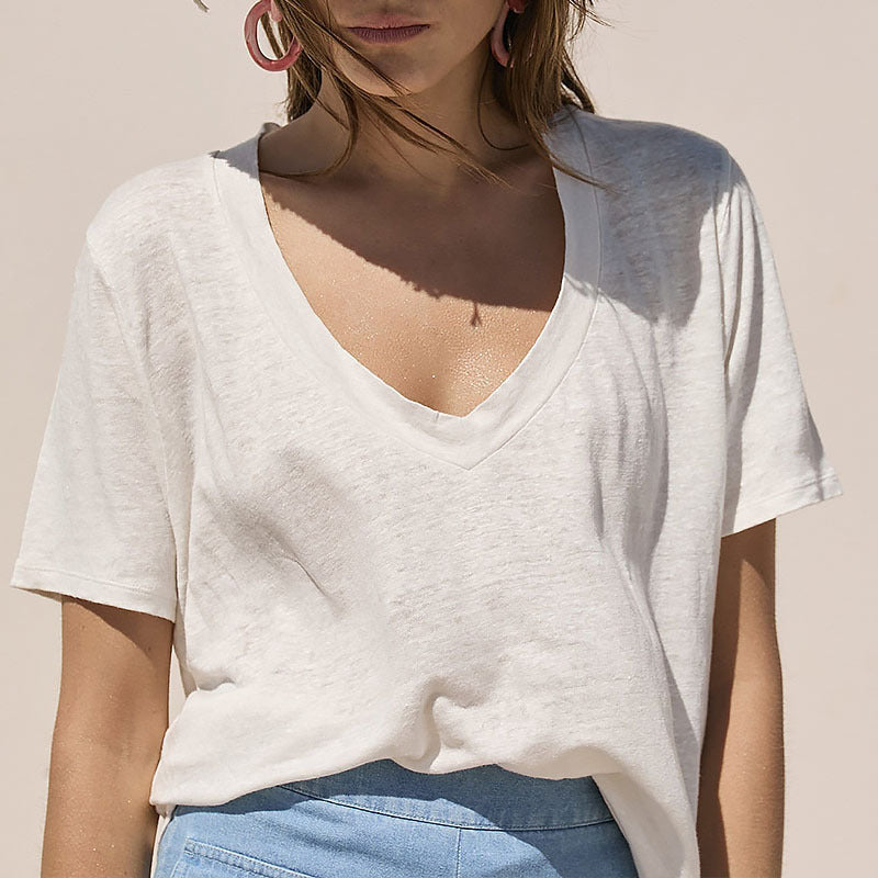 Women's Deep Design T-shirt Summer Knitted Hemp Bamboo Blouses