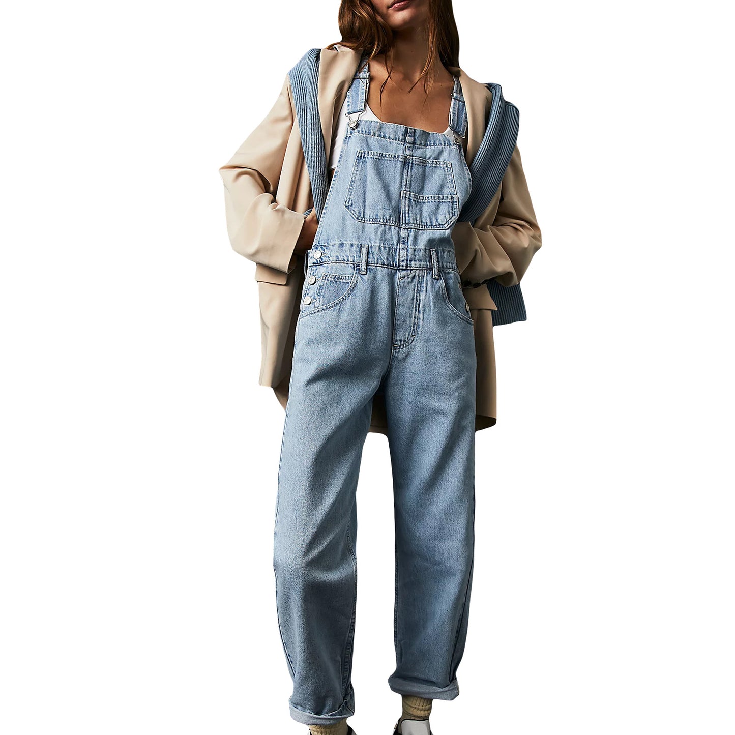 Women's Leisure Washed-out Loose Denim Suspender Jeans