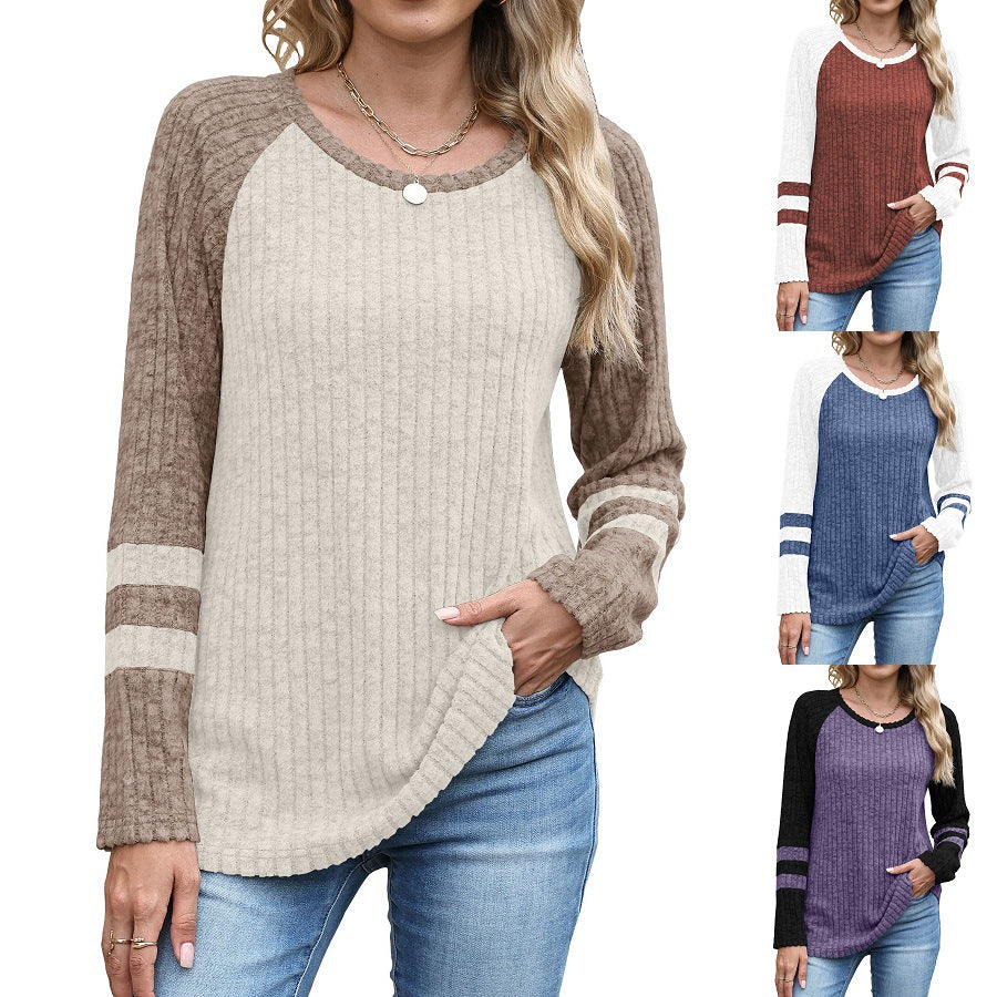 Women's Autumn Fashion Long Sleeve Contrast Color Round Neck Bottoming Sweater
