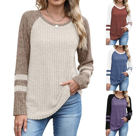 Women's Autumn Fashion Long Sleeve Contrast Color Round Neck Bottoming Sweater