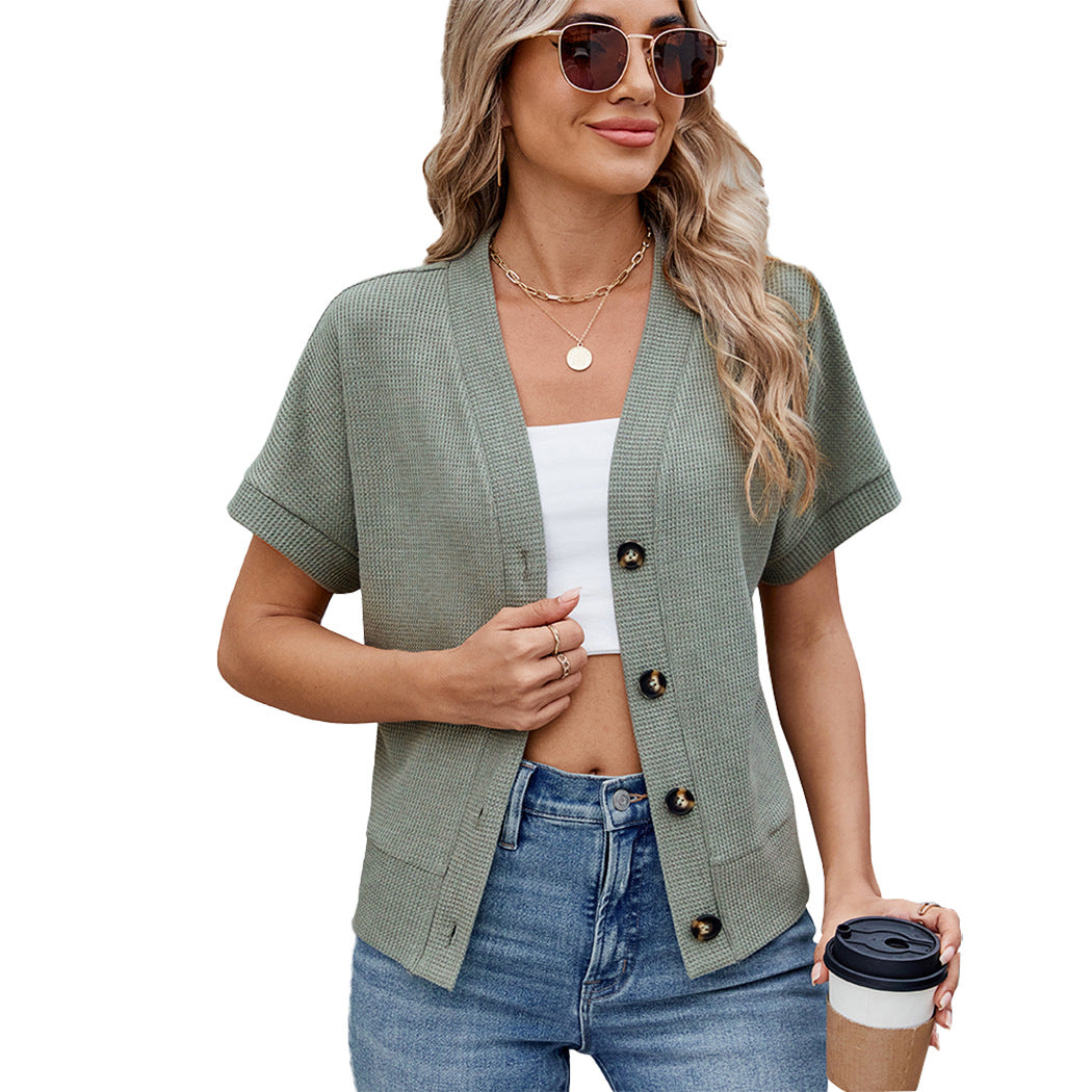 New Waffle Casual Knitted Button Sleeve Women's Sweater