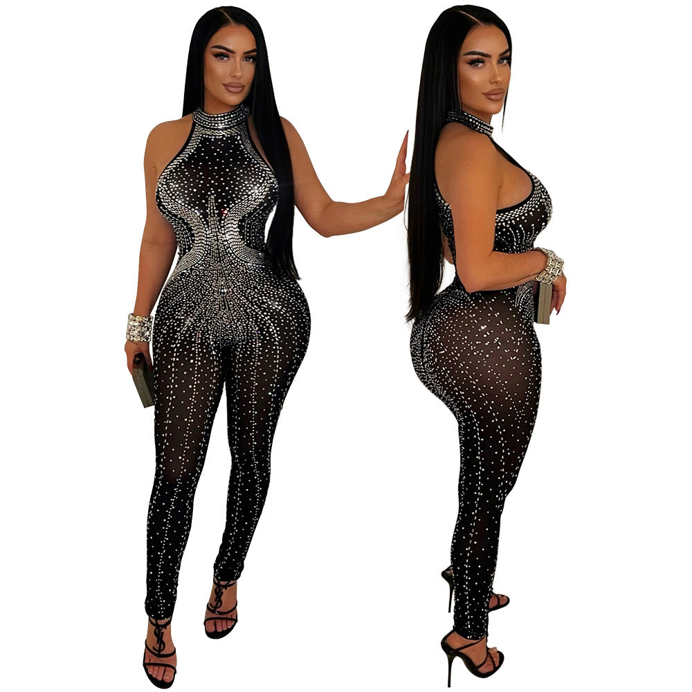 Women's Sexy Mesh Rhinestone Sleeveless Nightclub Jumpsuits