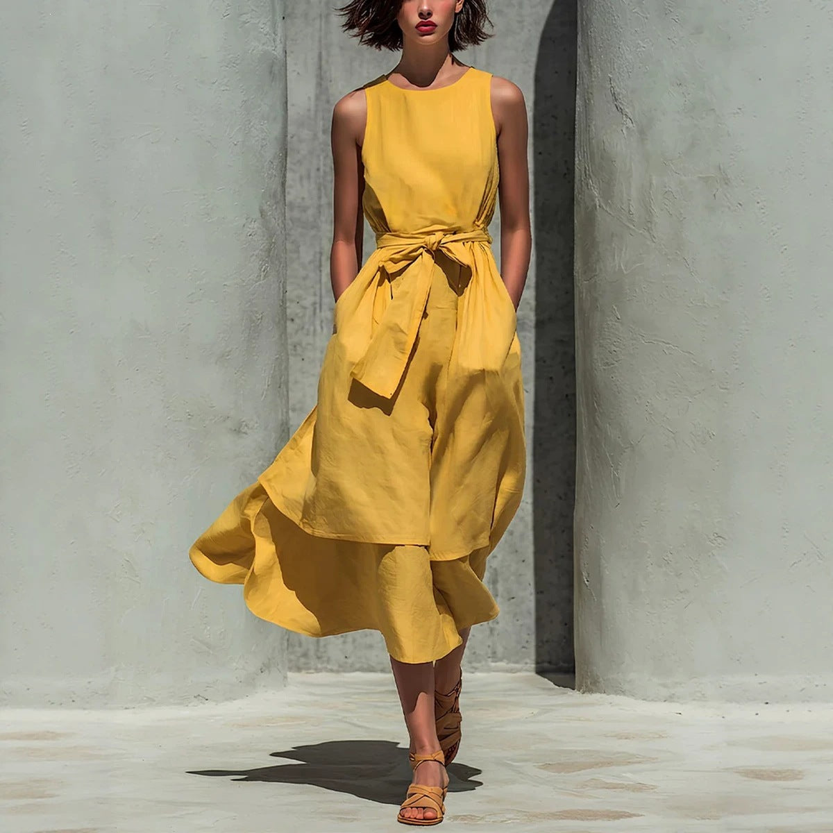 Sleeveless Round Neck Tied Waist Irregular Swing Dress