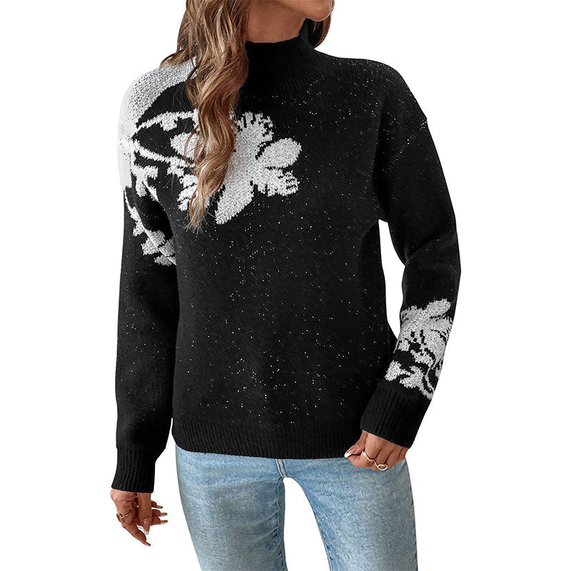 Women's Black With High Collar Flowers Print Sweaters