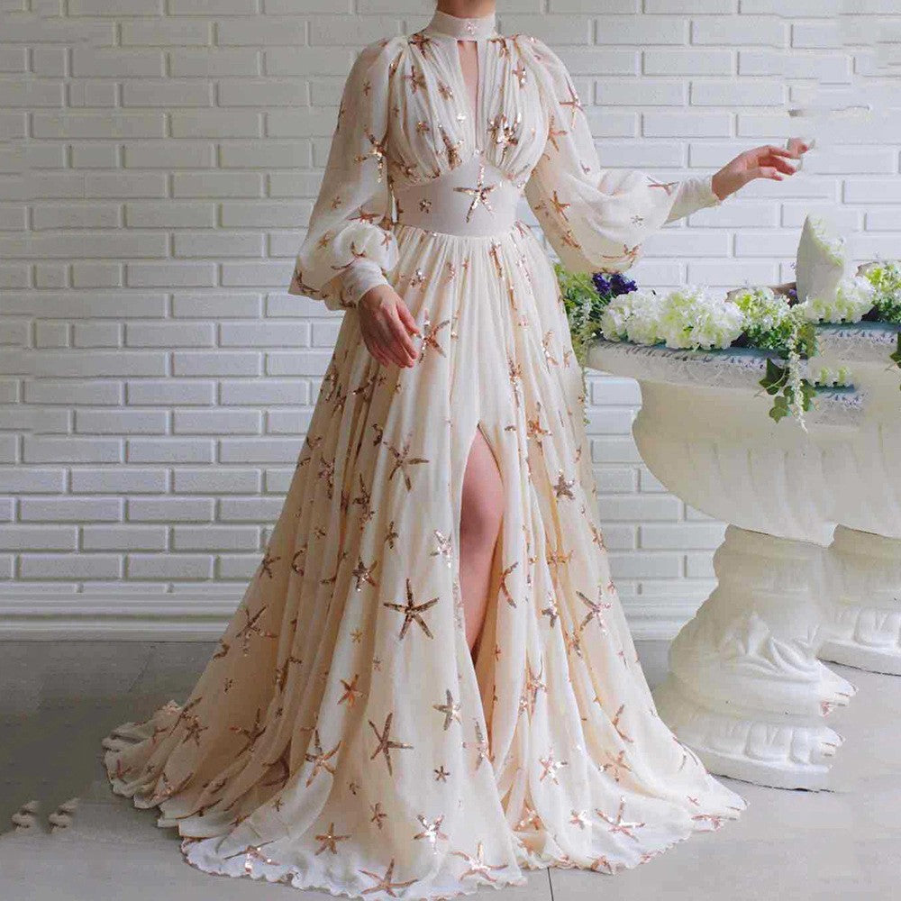 Half Turtleneck Sequined Slit Lantern Sleeve Formal Swing Dresses