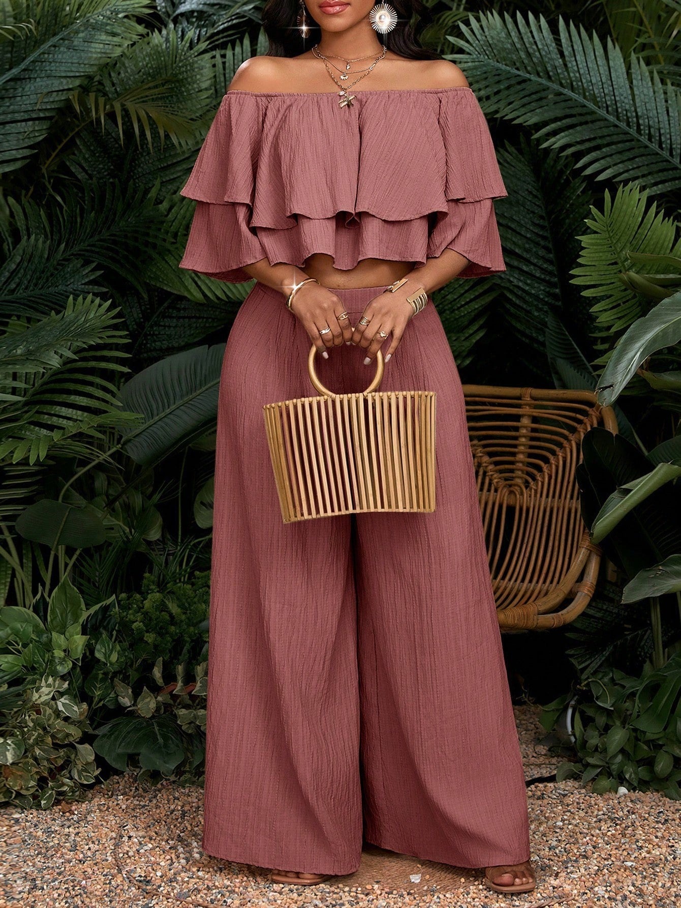 Ruffled High Waist Wide Leg Two-piece Shorts