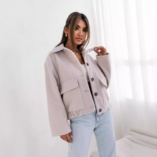 Women's Fashion Solid Color Pocket Breasted Woolen Coats