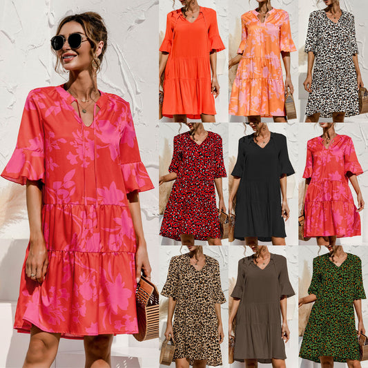 Fashion New Flared Sleeves Cake Stitching Dress