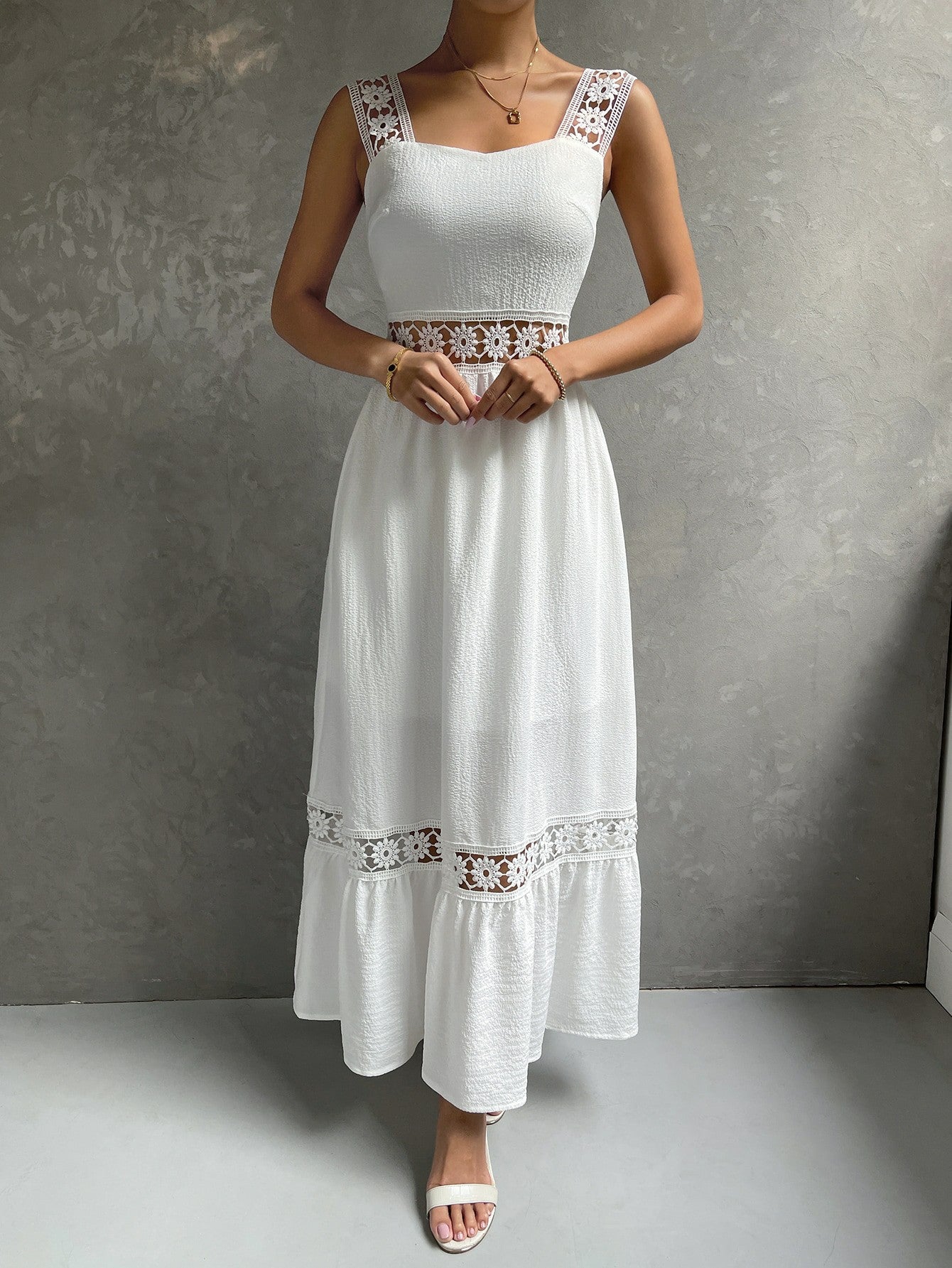 Lace Elegant Sling Slim Fit Patchwork Solid Color Dress
