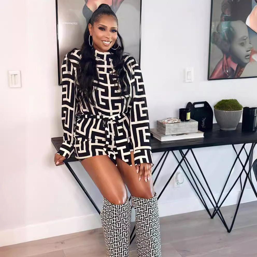 New Women's Fashion Printed Black Plaid Dress