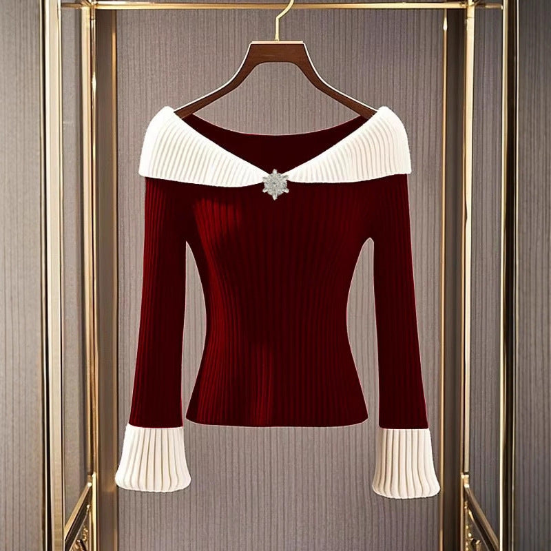 Women's French Style Temperament Contrast Color Lapels Sweater