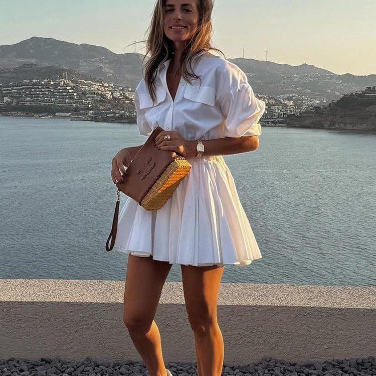 Women's Casual A- Line Dress Cotton Lapel Sleeve Dresses