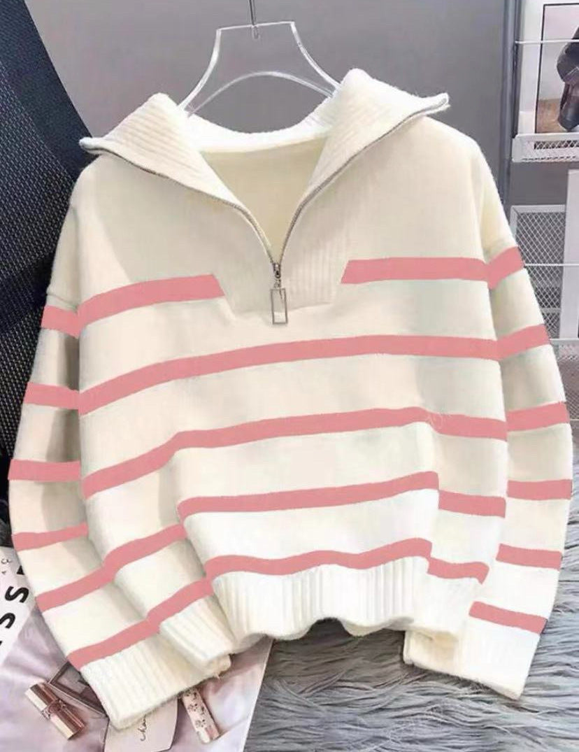 Contrast Color Striped Loose Idle Korean Style Pullover Urban Half Women's Sweater