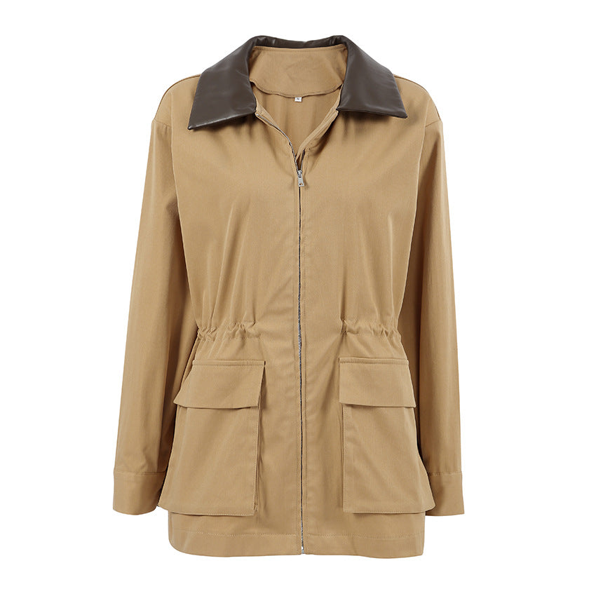 Women's Khaki Stitching Leather Loose Trench Fashion Coats