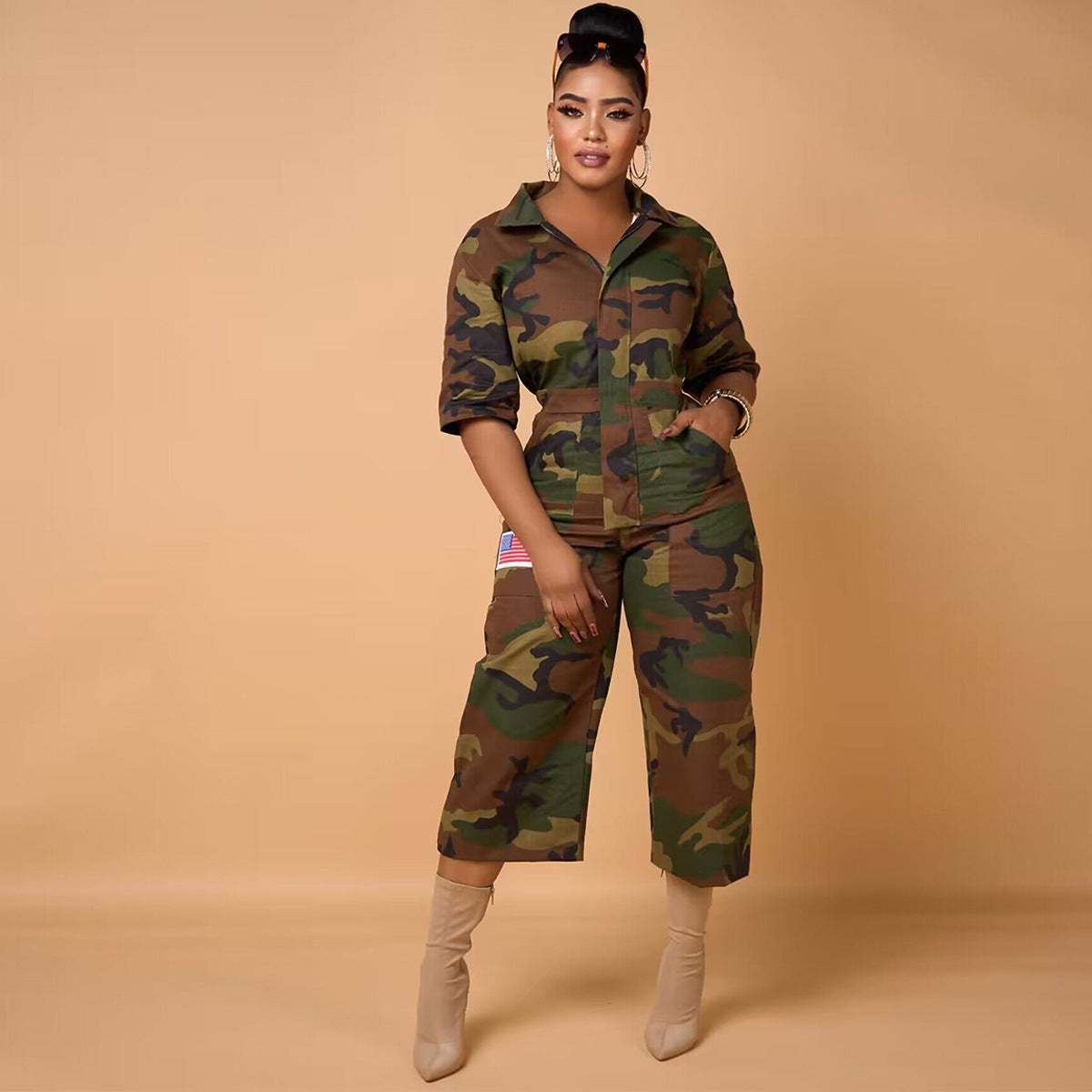Slouchy Fashion Camouflage Printed Pocket Lapels Jumpsuits