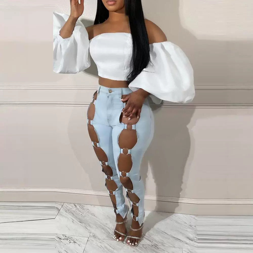 Fashion Holes Steel Ring Stitching Skinny Jeans