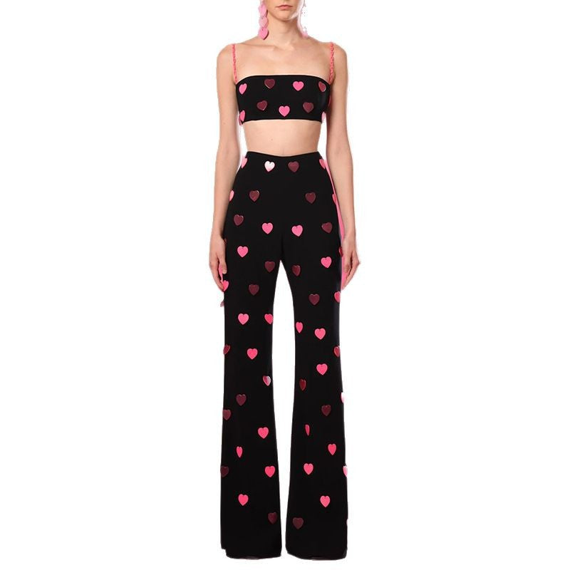 Glamorous Heart-shaped Sequin Sling Two-piece Set Fashion Casual Suit