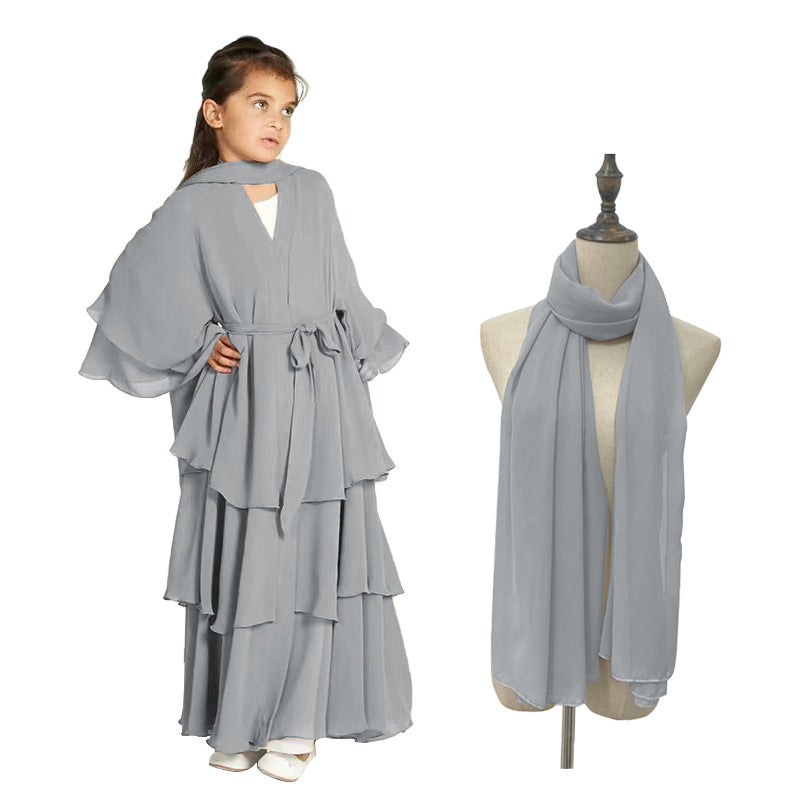 Children's Chiffon Elegant Belted With Scarf Sweet Dress