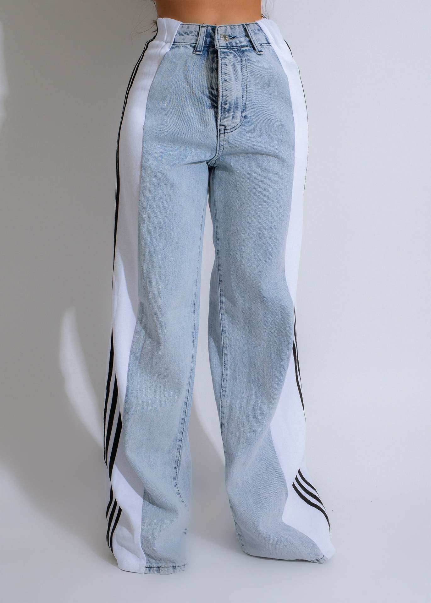 Women's Striped Wide Leg Denim Trousers Casual Jeans