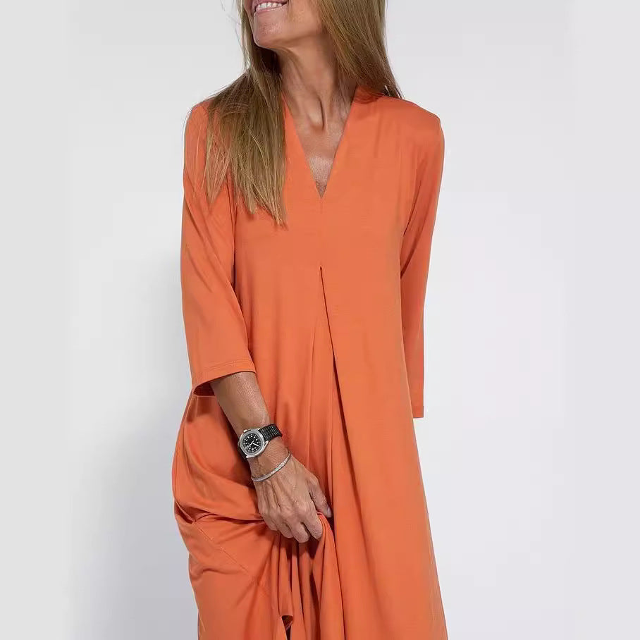 Solid Color Three-quarter Sleeve Knitted Long Dress