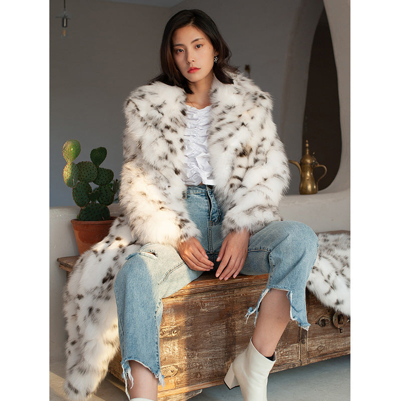 Women's Fur Imitation Fox Black Dot Leopard Print Large Coats