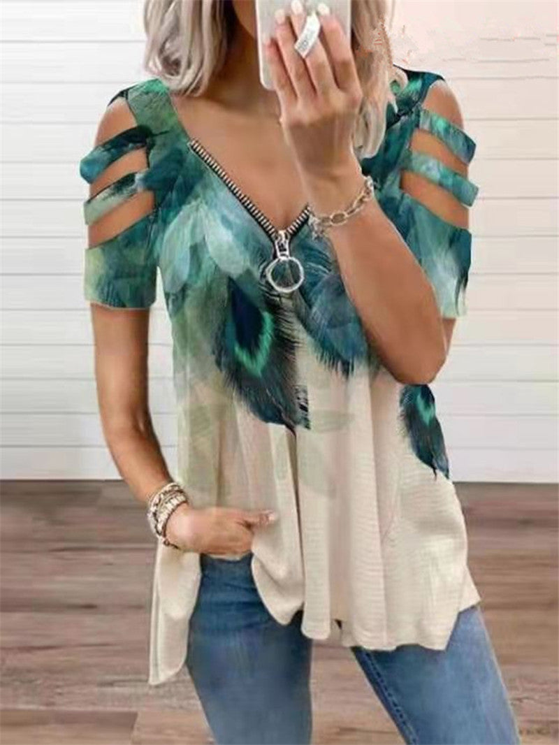 Women's Collar Zipper Pullover Sleeve Loose T-shirt Blouses