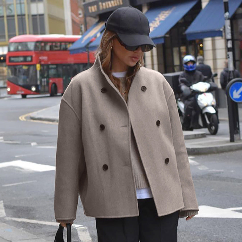 Women's Brown French Style Double Breasted Woolen Coats