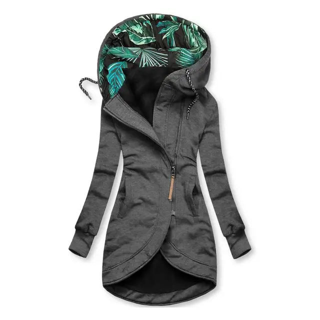 Women's Solid Color Fashion Zipper Printed Hooded Women's Sweater, Sweater