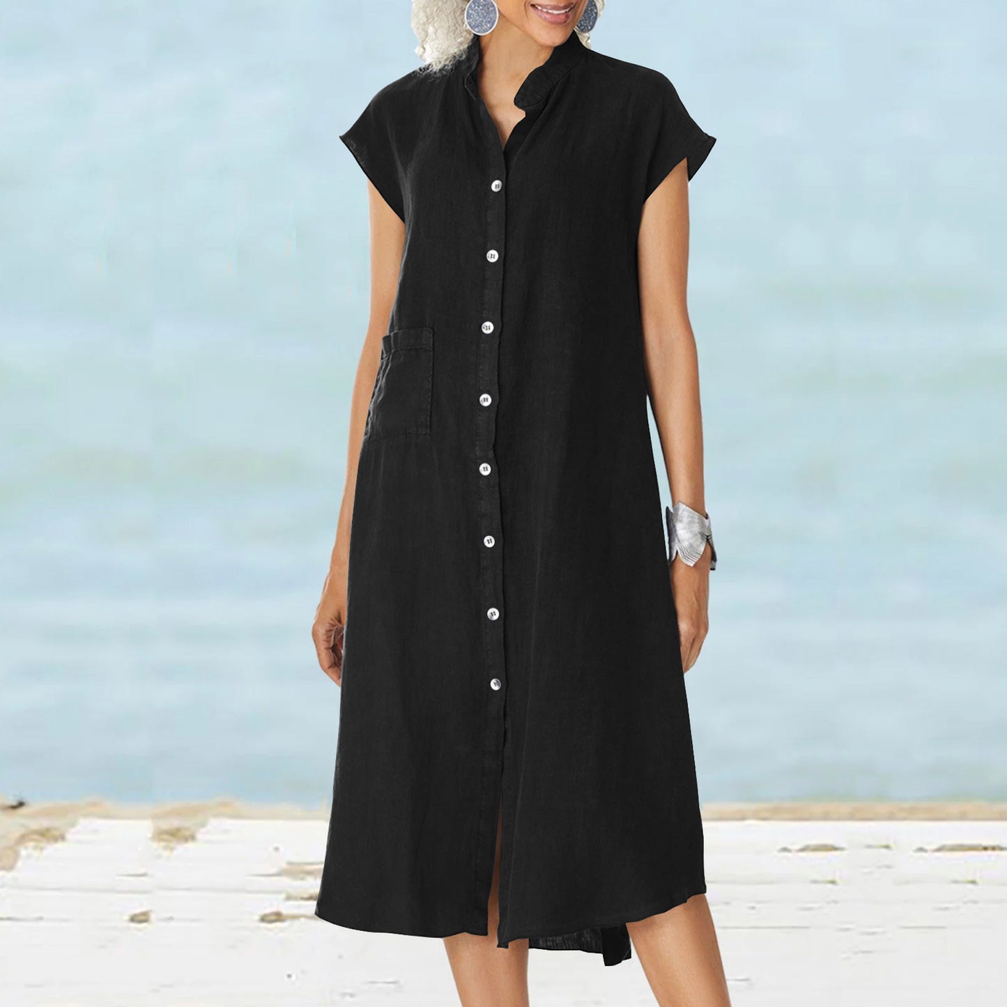 Collar Single-breasted Cotton Linen Pocket Dress Dresses