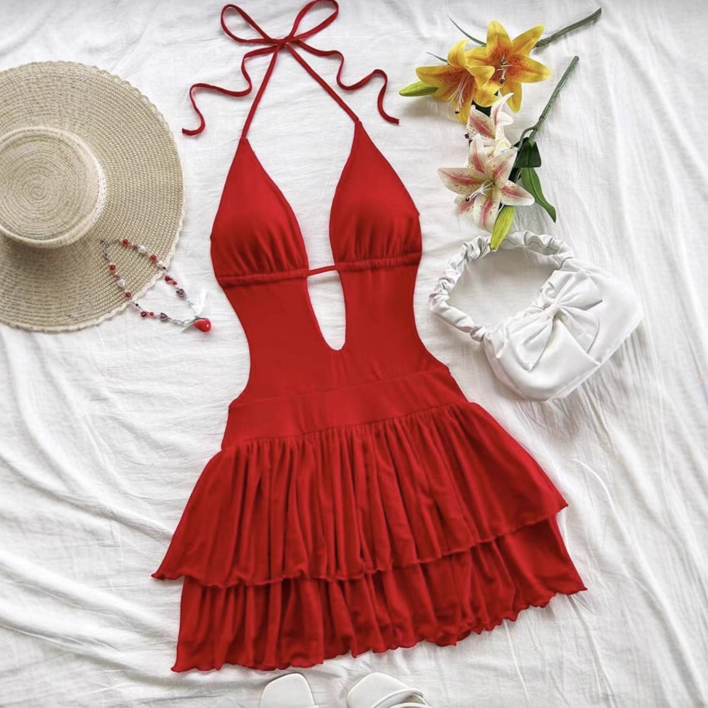 Summer Sexy Backless Lace Up Halter Dress