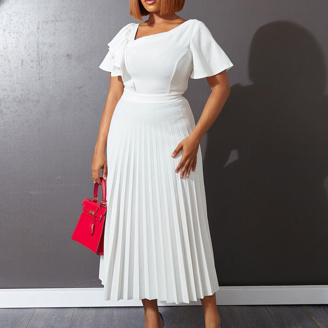 Women's Ruffled Sleeves Slant Shoulder Elegant Pleated Dress