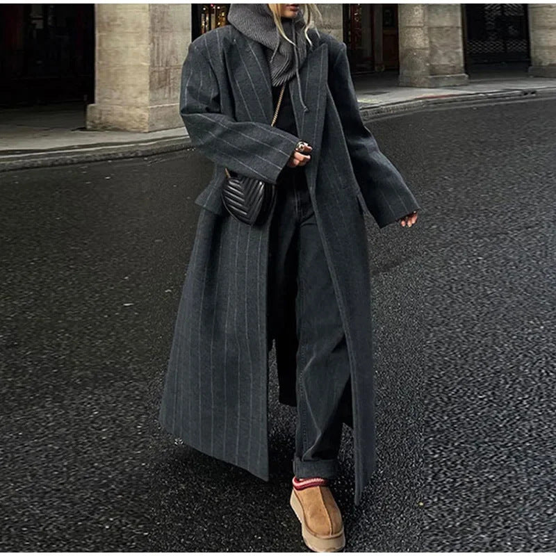 Women's Elegant Collar Striped Woolen Long Coats