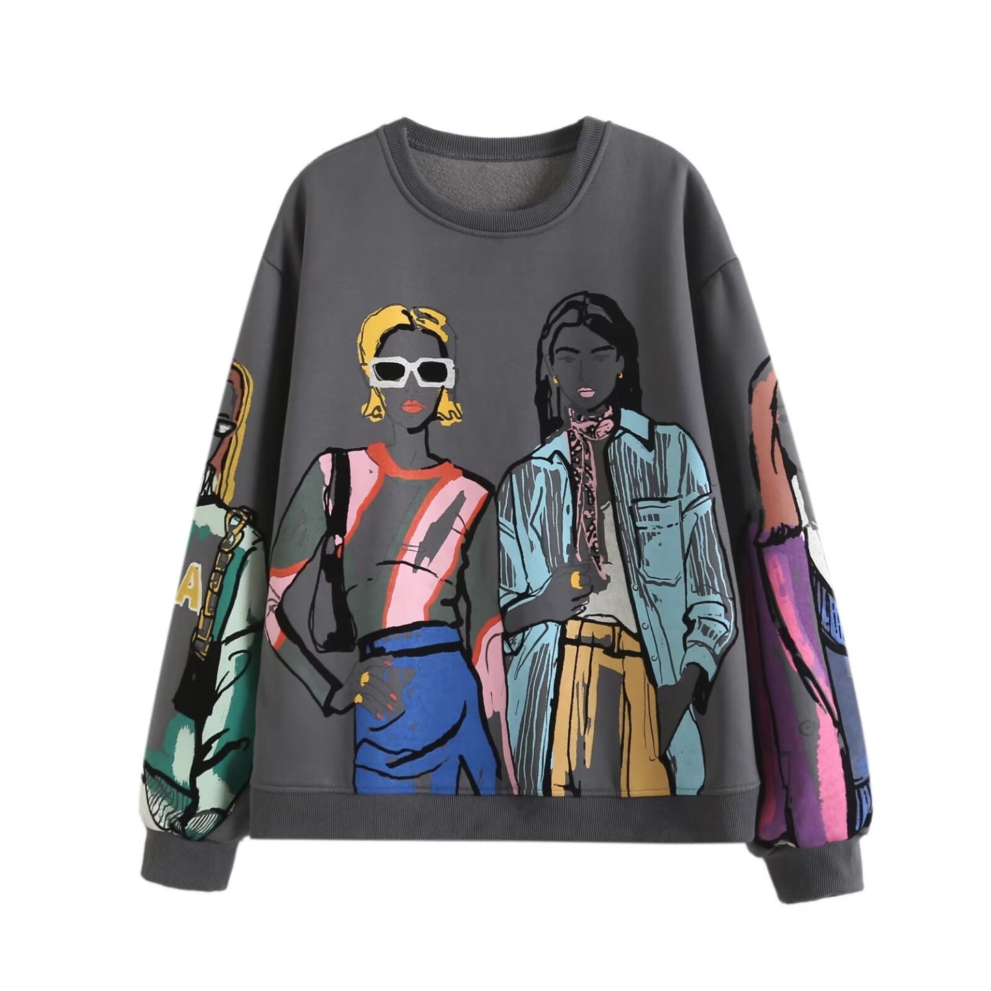 Women's Fleece-lined Hooded Round Neck Loose Printed Tops