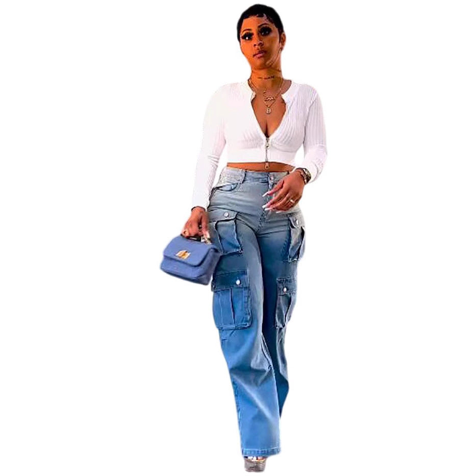 Women's Fashion High Waist Gradient Color Wide Jeans