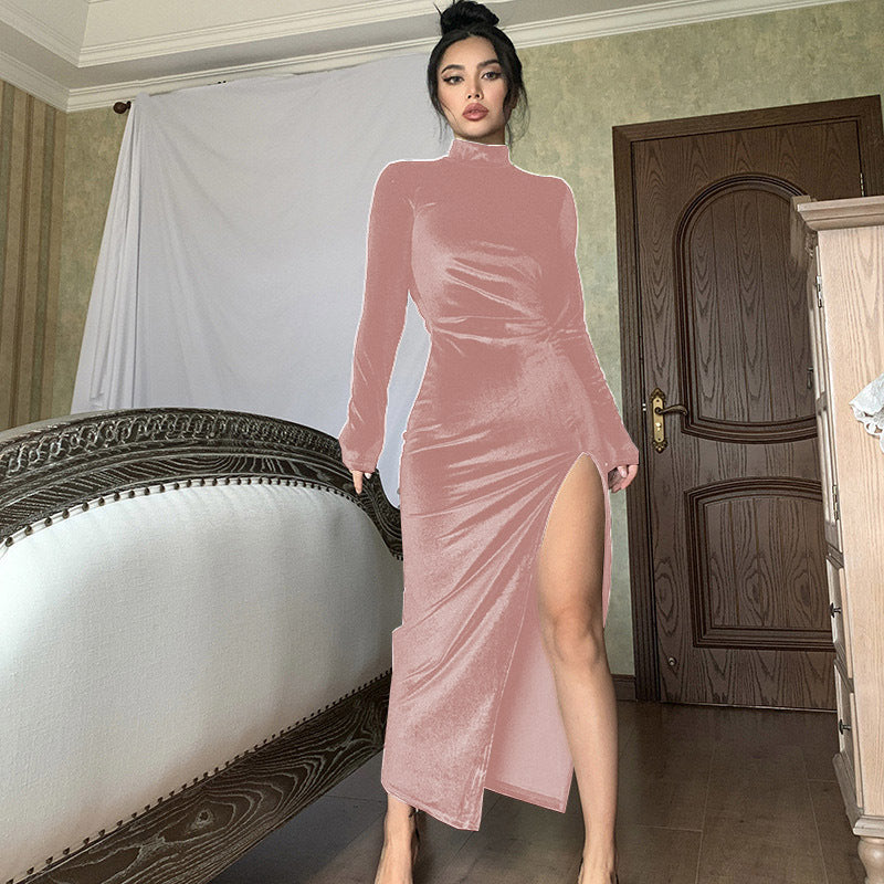 New Women's Turtleneck Long Pleated Split Dress