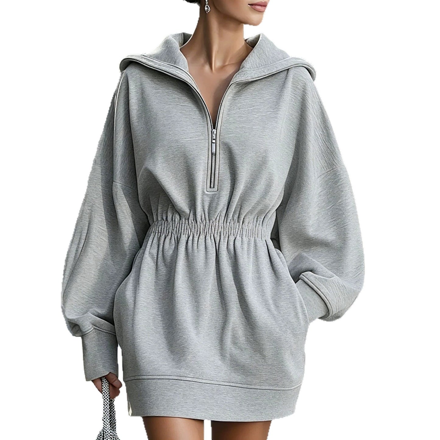 Half Zipper Hooded Waist Trimming Loose Dress